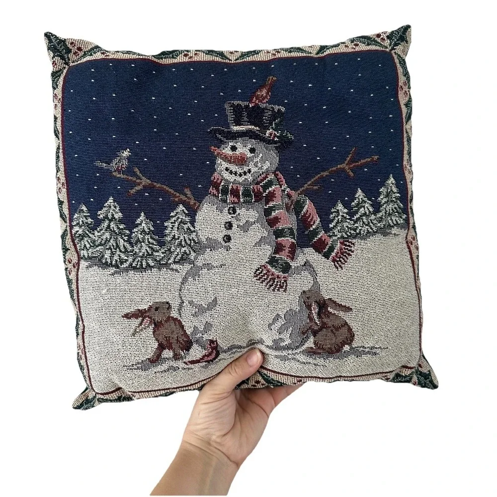 VTG 90s Christmas Tapestry Snowman Forest Throw Pillow 13x14 Cottagecore Country